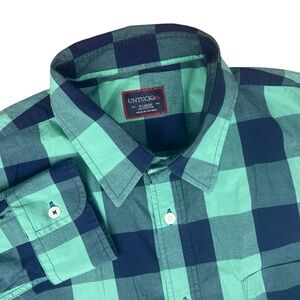 Untuckit Shirt Mens XL Green Blue Plaid Button Down Stretch‎ Long Sleeve Cotton